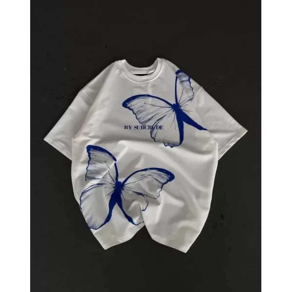 Unisex Bisiklet Yaka Baskılı Oversize T-Shirt - Beyaz