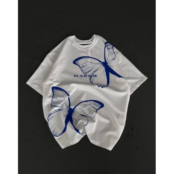 Unisex Bisiklet Yaka Baskılı Oversize T-Shirt - Beyaz