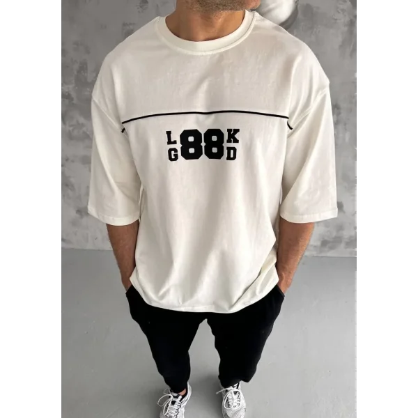 Unisex Bisiklet Yaka Baskılı Oversize T-Shirt - Beyaz