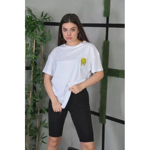 Unisex Bisiklet Yaka Baskılı Oversize T-Shirt - Beyaz