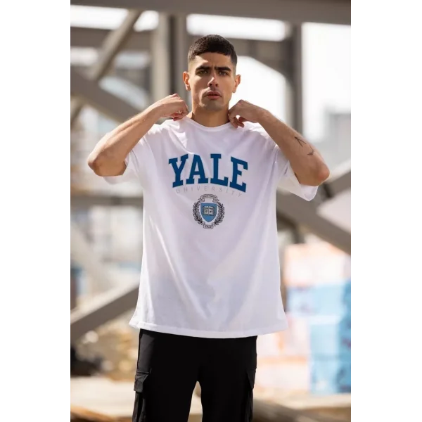 Unisex Bisiklet Yaka Baskılı Oversize T-Shirt - Beyaz