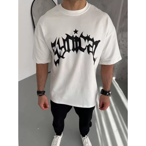 Unisex Bisiklet Yaka Baskılı Oversize T-Shirt - Beyaz