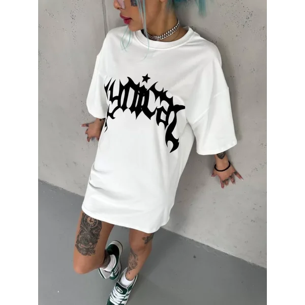 Unisex Bisiklet Yaka Baskılı Oversize T-Shirt - Beyaz
