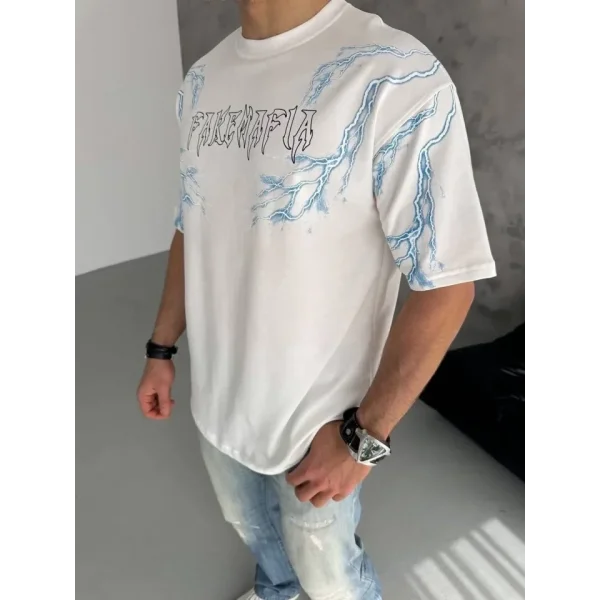 Unisex Bisiklet Yaka Baskılı Oversize T-Shirt - Beyaz