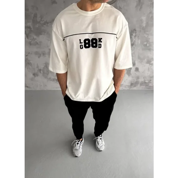 Unisex Bisiklet Yaka Baskılı Oversize T-Shirt - Beyaz