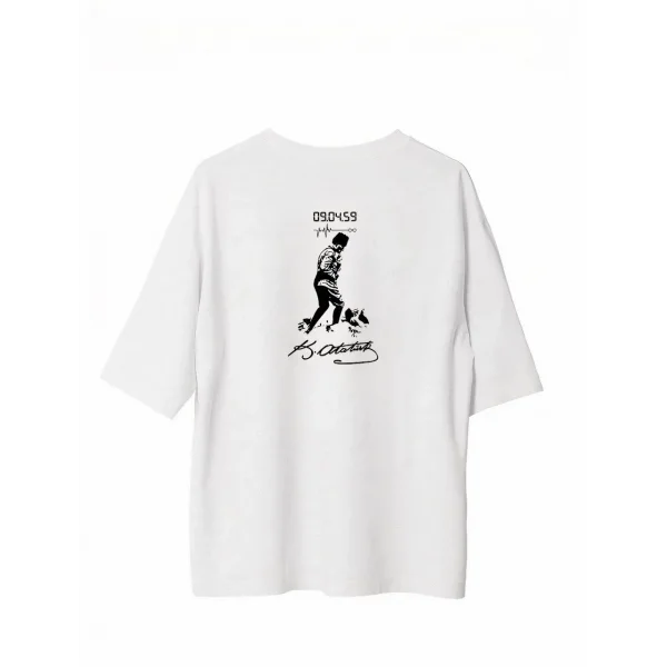 Unisex Bisiklet Yaka Baskılı Oversize T-Shirt - Beyaz