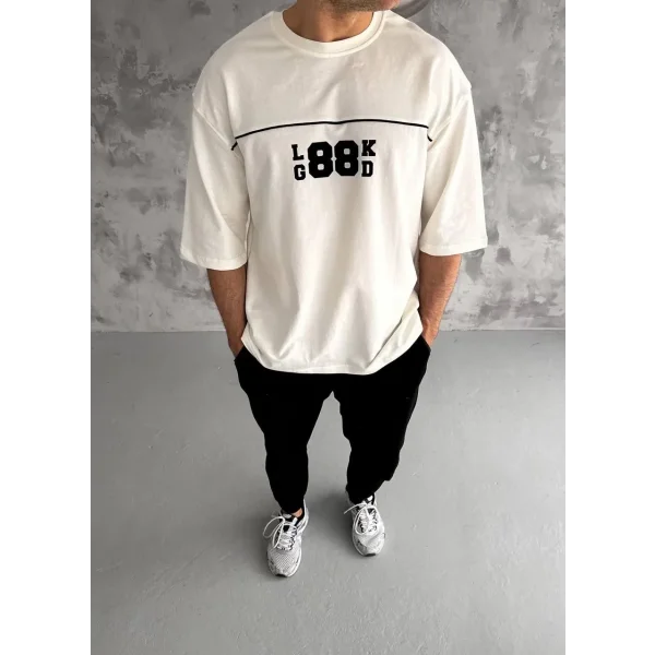 Unisex Bisiklet Yaka Baskılı Oversize T-Shirt - Beyaz