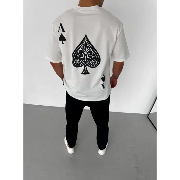 Unisex Bisiklet Yaka Baskılı Oversize T-Shirt - Beyaz