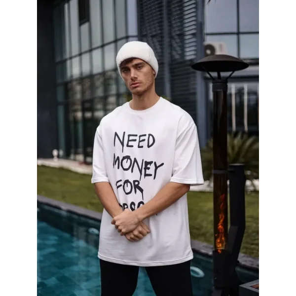 Unisex Bisiklet Yaka Baskılı Oversize T-Shirt - Beyaz