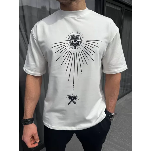 Unisex Bisiklet Yaka Baskılı Oversize T-Shirt - Beyaz