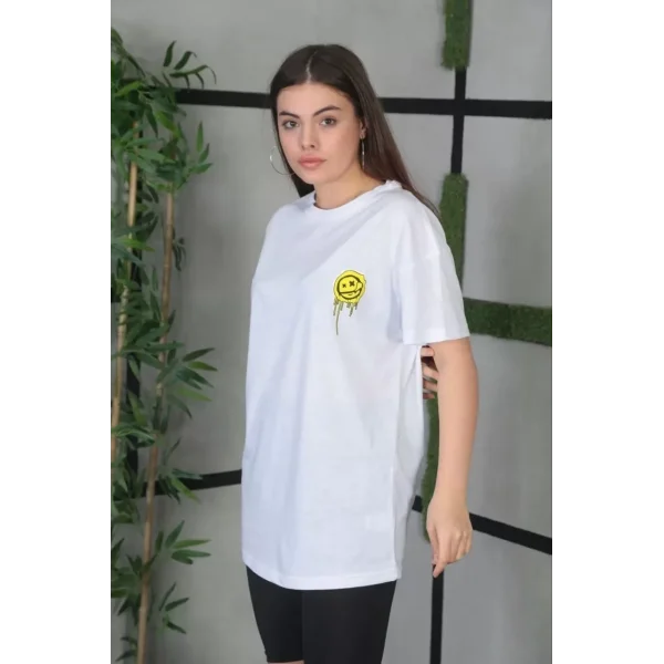 Unisex Bisiklet Yaka Baskılı Oversize T-Shirt - Beyaz