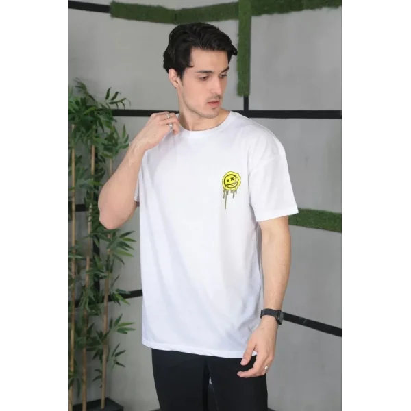 Unisex Bisiklet Yaka Baskılı Oversize T-Shirt - Beyaz