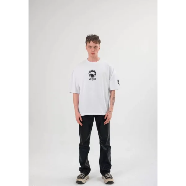 Unisex Bisiklet Yaka Baskılı Oversize T-Shirt - Beyaz