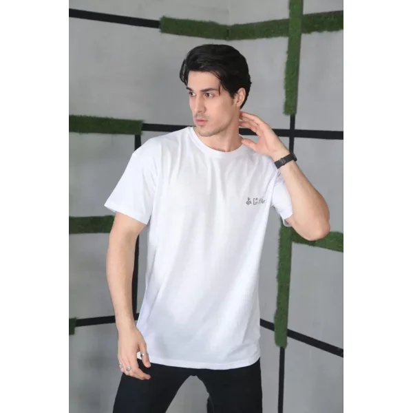 Unisex Bisiklet Yaka Baskılı Oversize T-Shirt - Beyaz