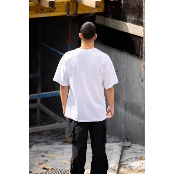 Unisex Bisiklet Yaka Baskılı Oversize T-Shirt - Beyaz