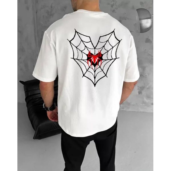 Unisex Bisiklet Yaka Baskılı Oversize T-Shirt - Beyaz