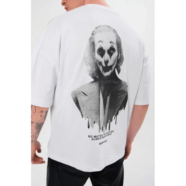 Unisex Bisiklet Yaka Baskılı Oversize T-Shirt - Beyaz