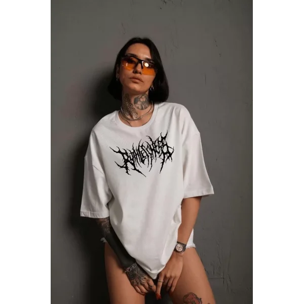 Unisex Bisiklet Yaka Baskılı Oversize T-Shirt - Beyaz