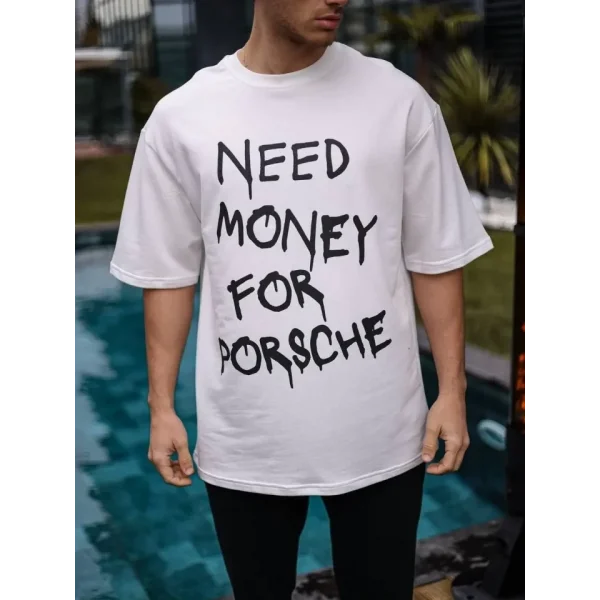 Unisex Bisiklet Yaka Baskılı Oversize T-Shirt - Beyaz