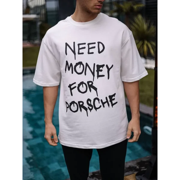 Unisex Bisiklet Yaka Baskılı Oversize T-Shirt - Beyaz