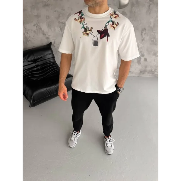 Unisex Bisiklet Yaka Baskılı Oversize T-Shirt - Beyaz