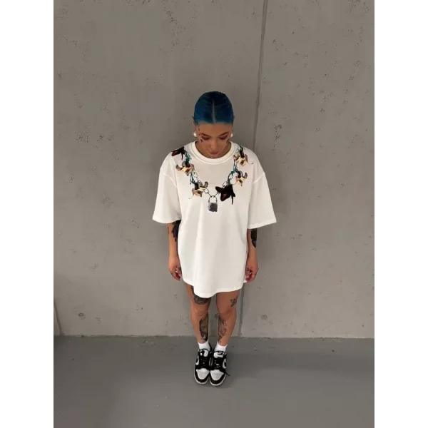 Unisex Bisiklet Yaka Baskılı Oversize T-Shirt - Beyaz