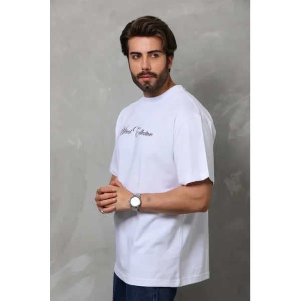 Unisex Bisiklet Yaka Baskılı Oversize T-Shirt - Beyaz