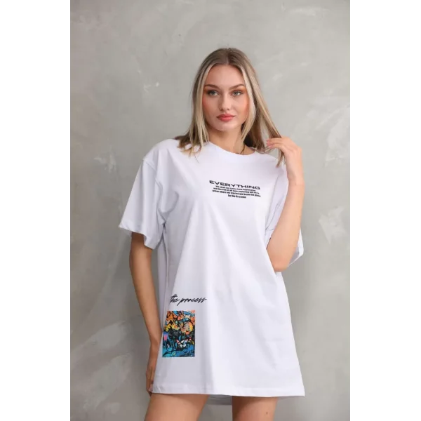 Unisex Bisiklet Yaka Baskılı Oversize T-Shirt - Beyaz