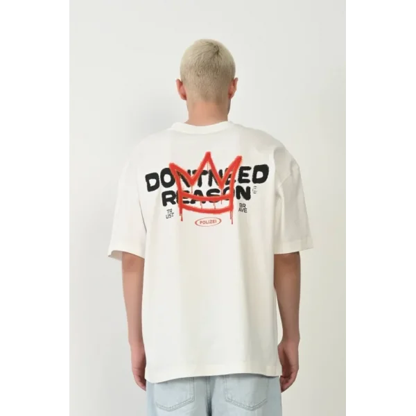 Unisex Bisiklet Yaka Baskılı Oversize T-Shirt - Beyaz