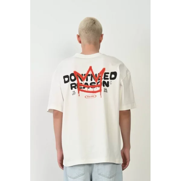 Unisex Bisiklet Yaka Baskılı Oversize T-Shirt - Beyaz