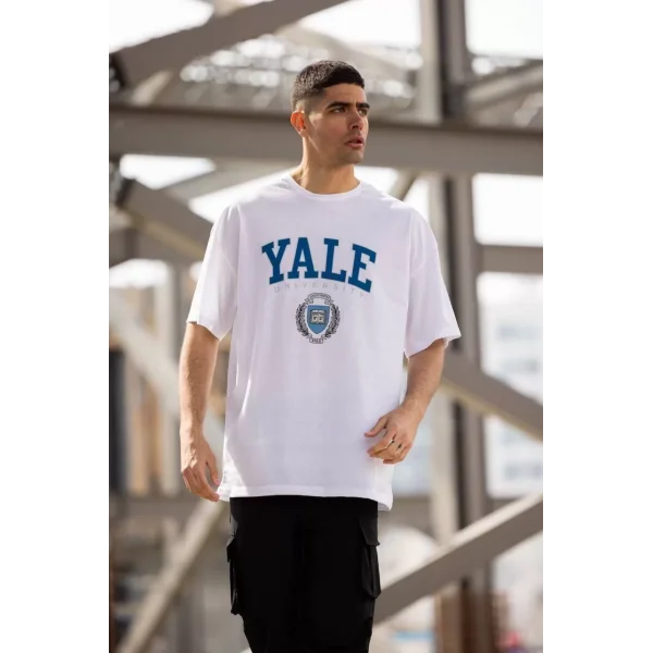 Unisex Bisiklet Yaka Baskılı Oversize T-Shirt - Beyaz