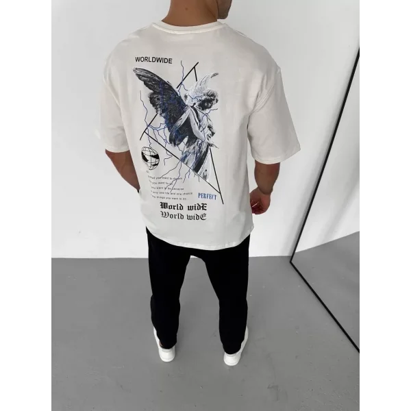 Unisex Bisiklet Yaka Baskılı Oversize T-Shirt - Beyaz