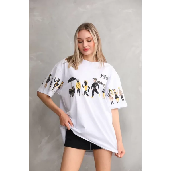 Unisex Bisiklet Yaka Baskılı Oversize T-Shirt - Beyaz