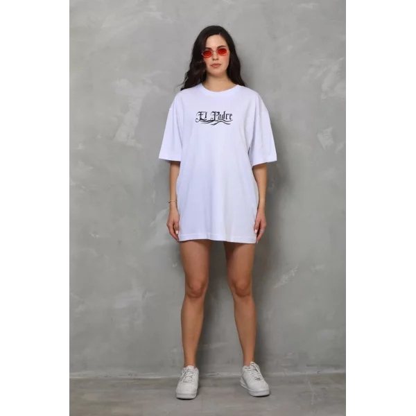 Unisex Bisiklet Yaka Baskılı Oversize T-Shirt - Beyaz