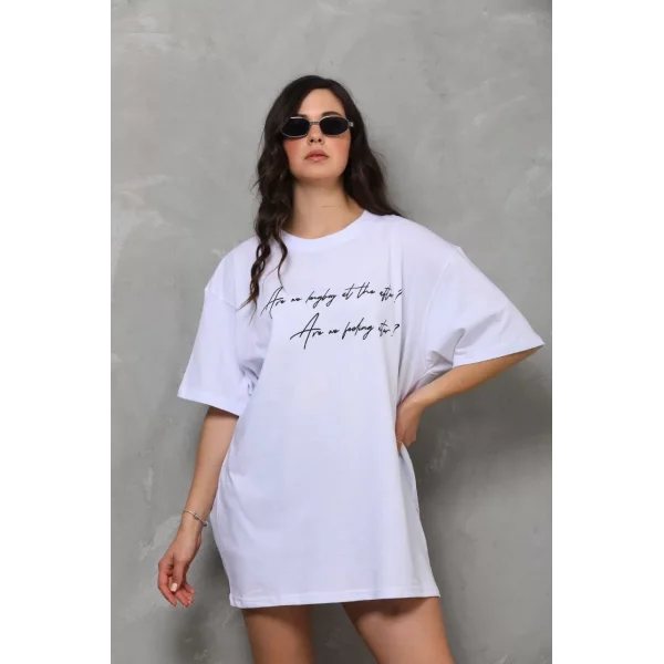 Unisex Bisiklet Yaka Baskılı Oversize T-Shirt - Beyaz