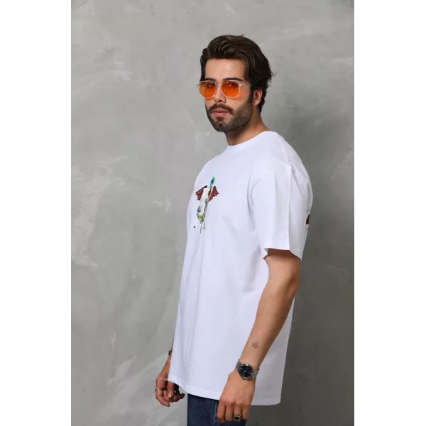 Unisex Bisiklet Yaka Baskılı Oversize T-Shirt - Beyaz