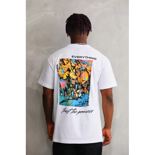 Unisex Bisiklet Yaka Baskılı Oversize T-Shirt - Beyaz