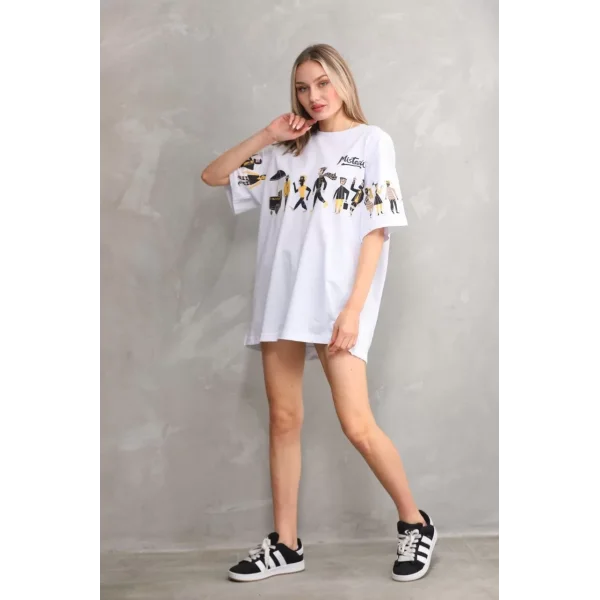 Unisex Bisiklet Yaka Baskılı Oversize T-Shirt - Beyaz