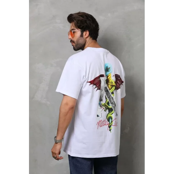 Unisex Bisiklet Yaka Baskılı Oversize T-Shirt - Beyaz