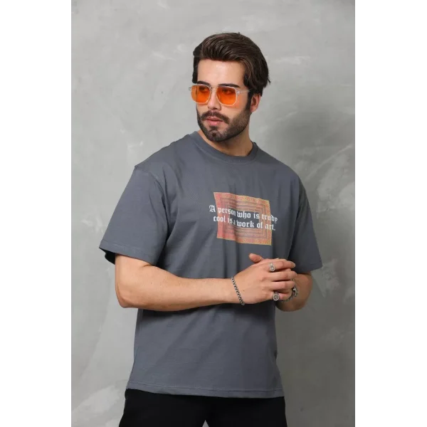 Unisex Bisiklet Yaka Baskılı Oversize T-Shirt - Füme