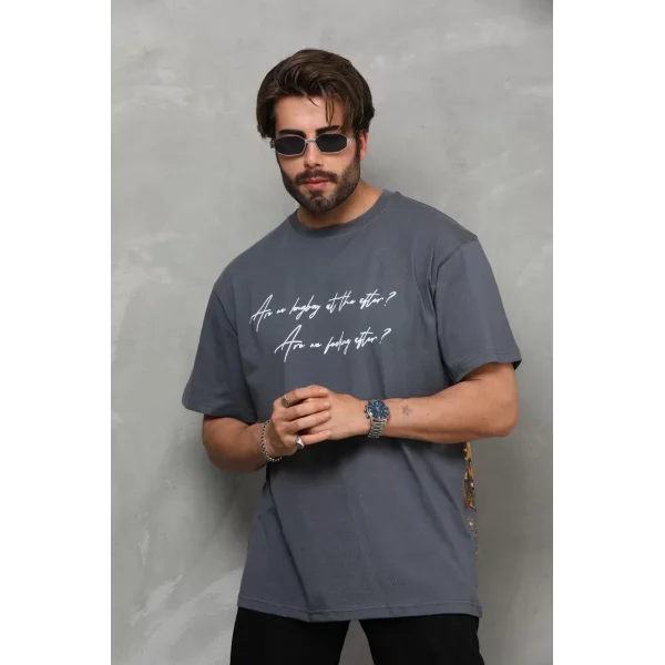 Unisex Bisiklet Yaka Baskılı Oversize T-Shirt - Füme