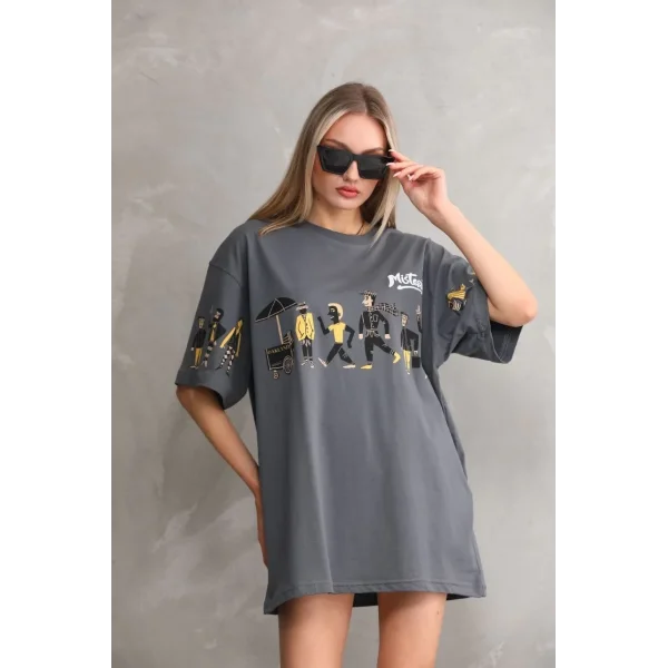 Unisex Bisiklet Yaka Baskılı Oversize T-Shirt - Gri