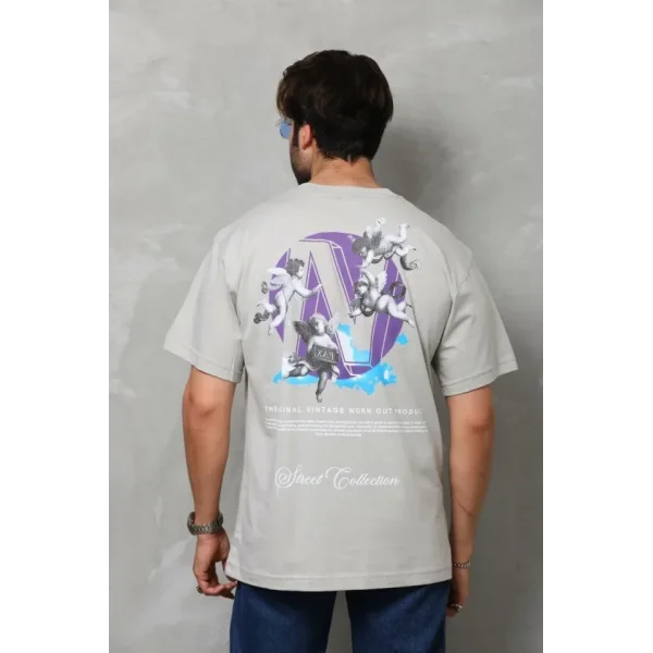 Unisex Bisiklet Yaka Baskılı Oversize T-Shirt - Gri