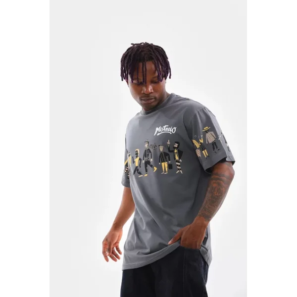 Unisex Bisiklet Yaka Baskılı Oversize T-Shirt - Gri