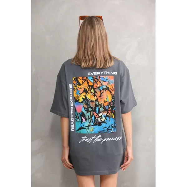 Unisex Bisiklet Yaka Baskılı Oversize T-Shirt - Gri