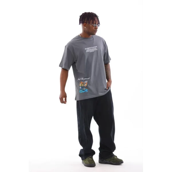 Unisex Bisiklet Yaka Baskılı Oversize T-Shirt - Gri