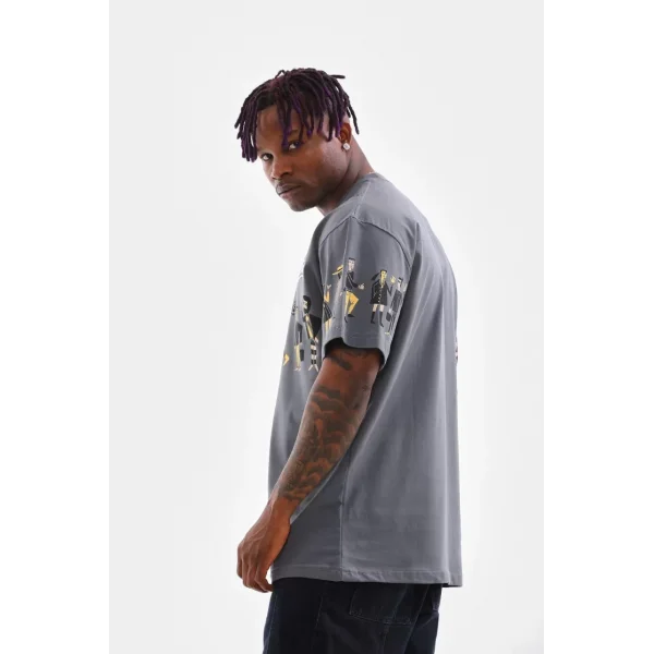 Unisex Bisiklet Yaka Baskılı Oversize T-Shirt - Gri