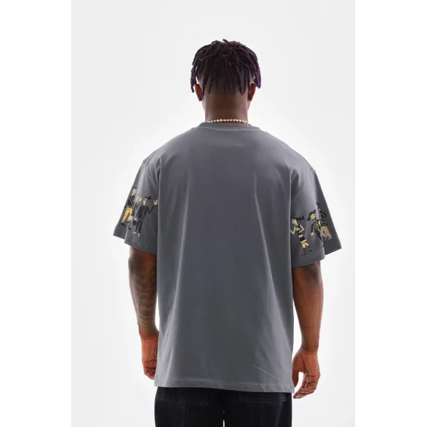 Unisex Bisiklet Yaka Baskılı Oversize T-Shirt - Gri