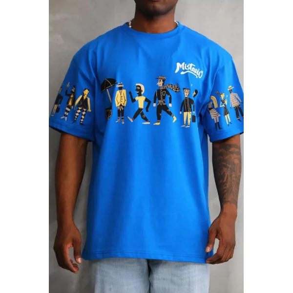 Unisex Bisiklet Yaka Baskılı Oversize T-Shirt - Mavi