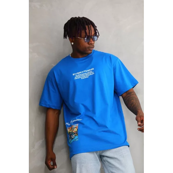 Unisex Bisiklet Yaka Baskılı Oversize T-Shirt - Mavi